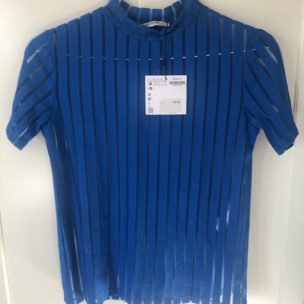 Sheer stripe mock neck T blouse